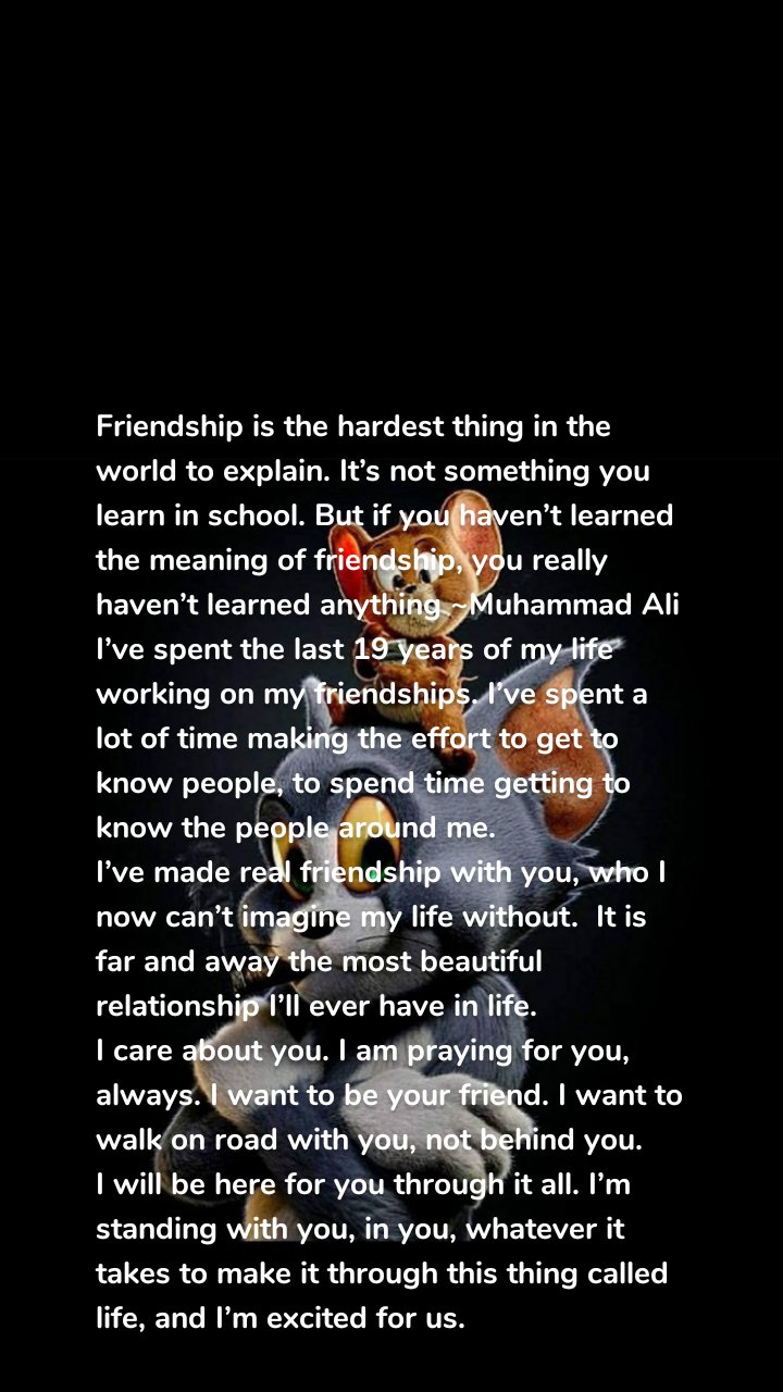 Friendship is the hardest thing in the world to explain. It’s not something you learn in school. But if you haven’t learned the meaning of friendship, you really haven’t learned anything ~Muhammad Ali
I’ve spent the last 19 years of my life working on my friendships. I’ve spent a lot of time making the effort to get to know people, to spend time getting to know the people around me. 
I’ve made real friendship with you, who I now can’t imagine my life without.  It is far and away the most beautiful relationship I’ll ever have in life. 
I care about you. I am praying for you, always. I want to be your friend. I want to walk on road with you, not behind you.
I will be here for you through it all. I’m standing with you, in you, whatever it takes to make it through this thing called life, and I’m excited for us.